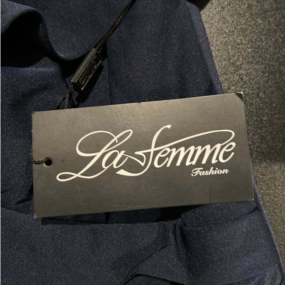 LA FEMME NWT $389 25206 Navy Surplice Off Shoulder Column Gown Size 2 - Picture 6 of 9